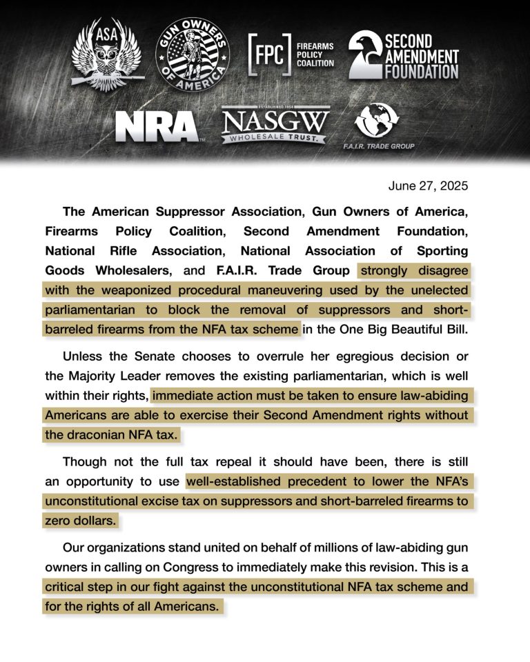 Coalition of Pro-2A Orgs on Senate Parliamentarian Ruling, NFA Tax Reduction   By: Firearms Policy Coalition